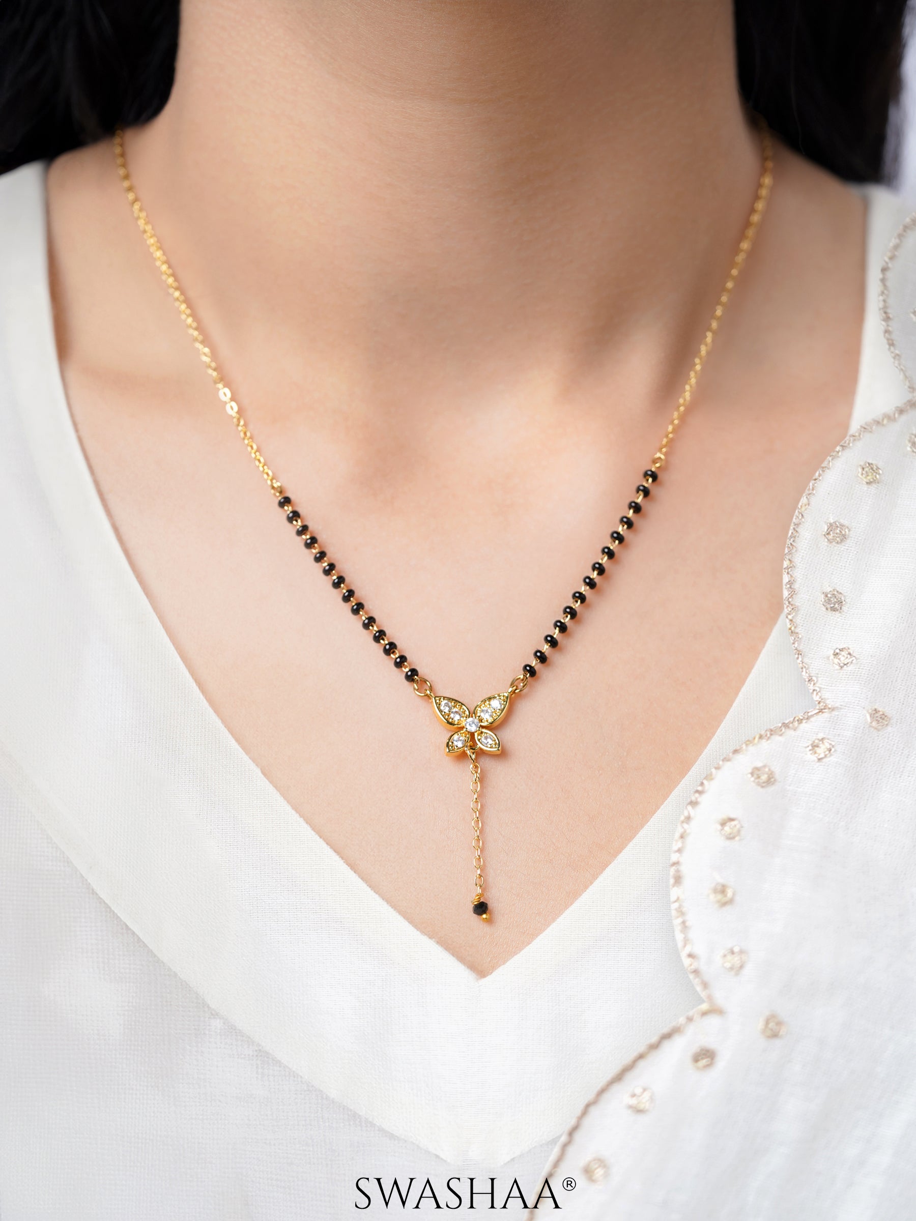 Samaira Butterfly Drop Chain Y-Shaped Diamond 18K Gold Plated Pendant Mangalsutra