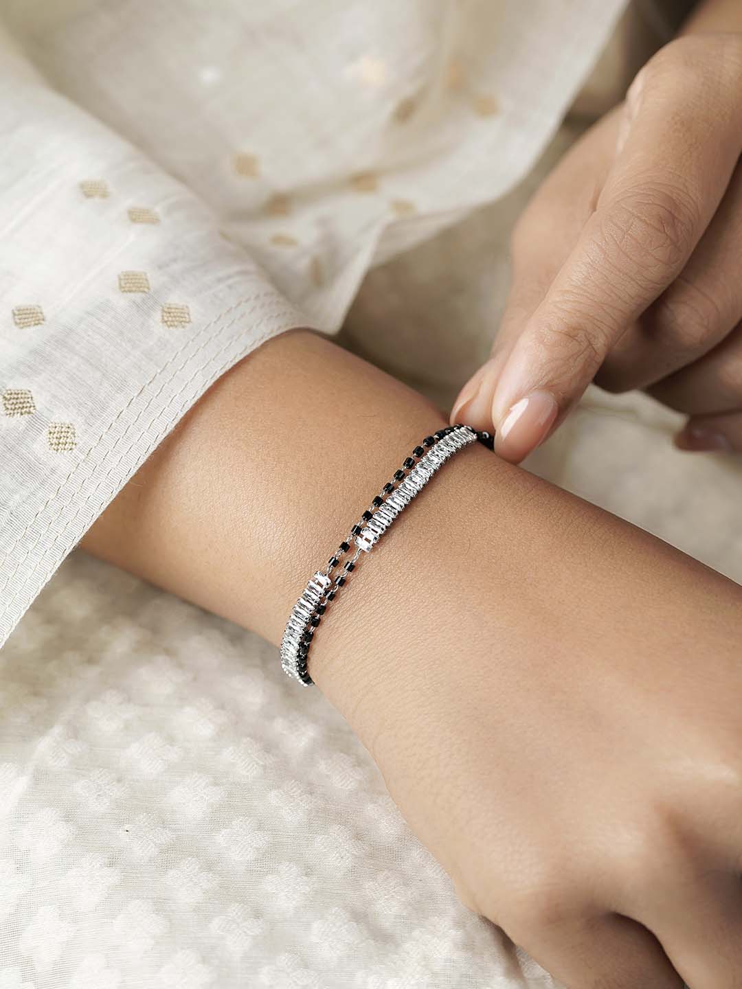 Samiha Baguette Diamond White Dual-Chain Silver Mangalsutra Bracelet