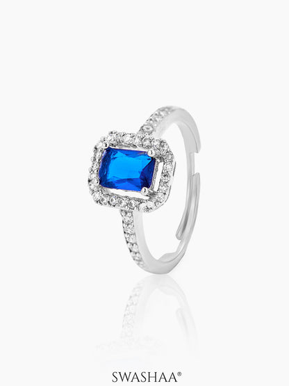 Sapphire Sky Blue Diamond Rectangular Stone Adjustable Silver Ring