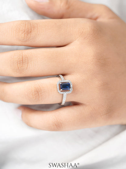 Sapphire Sky Blue Diamond Rectangular Stone Adjustable Silver Ring