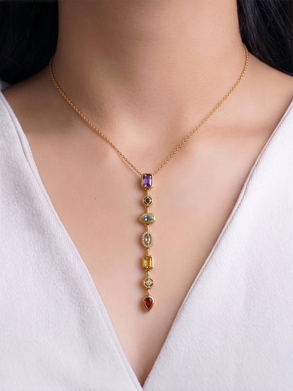 Sarelia Geometric - Pear Shape 18K Gold Plated Multi Diamond Solitaire Women's Y - Shaped Chain Pendant Necklace