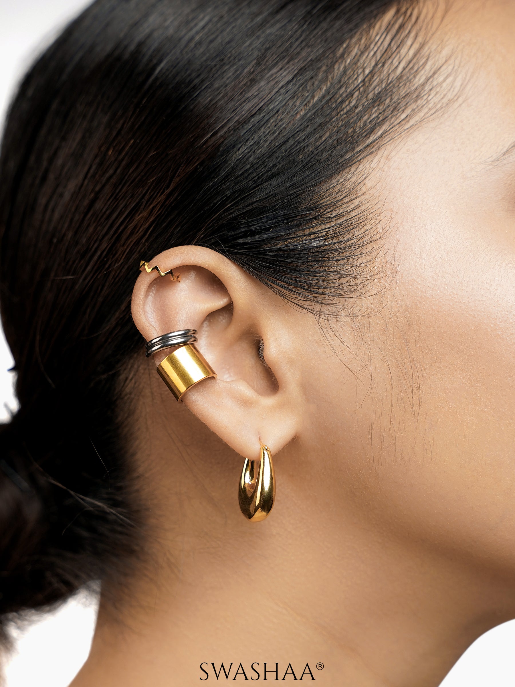 Savannah Teardrop Shaped 18K Gold Plated Hoop Earrings, Elan Twin Rounded Bands Silver Ear Cuffs, Arven Bold 18K Gold Plated Ear Cuffs, Axis Geometric Zigzag Wave 18K Gold Plated Ear Cuffs