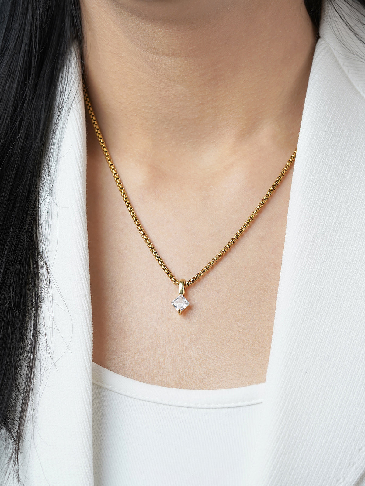 Seana Square Cut Diamond Charm 18K Gold Plated Chain Pendant Necklace