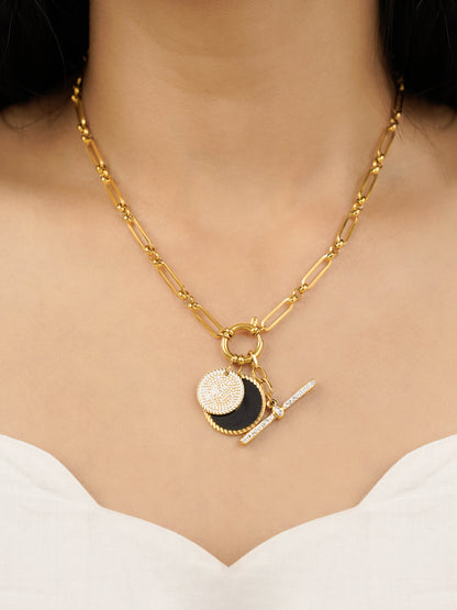 Selene Dual Coin Pave drop charms 18K Gold Plated Necklace