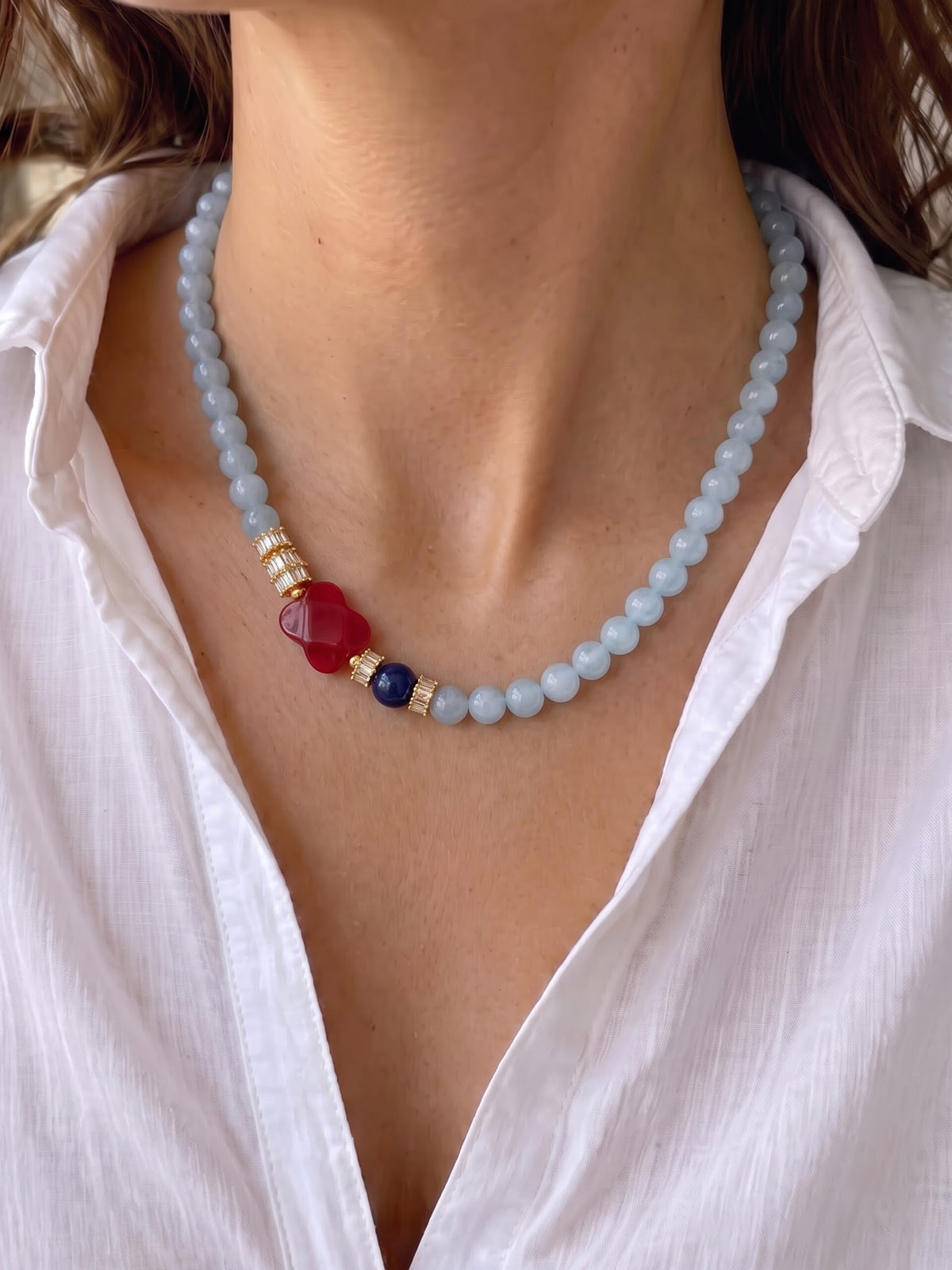 Selo Sky Blue Red Dark Blue Gold Women's Beaded Necklace
