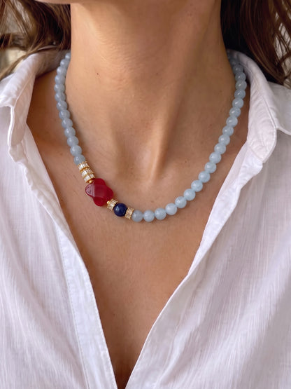 Selo Sky Blue Red Dark Blue Gold Women's Beaded Necklace