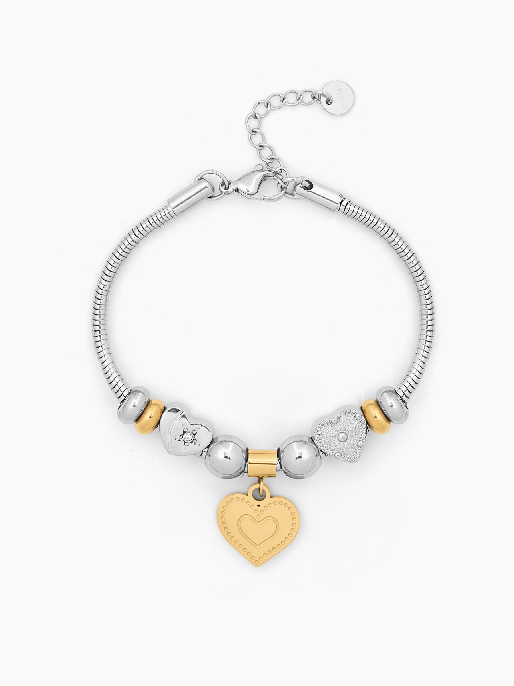 Selora Heart Beads Motif Charm Two-Tone Women's Loose Chain Bracelet
