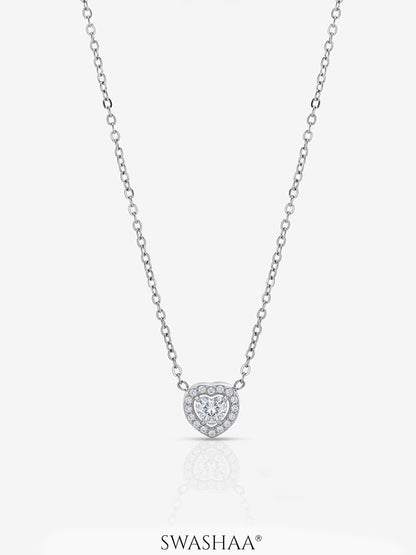 Selvara Heart Charm Diamond Solitaire Silver Women's Chain Necklace