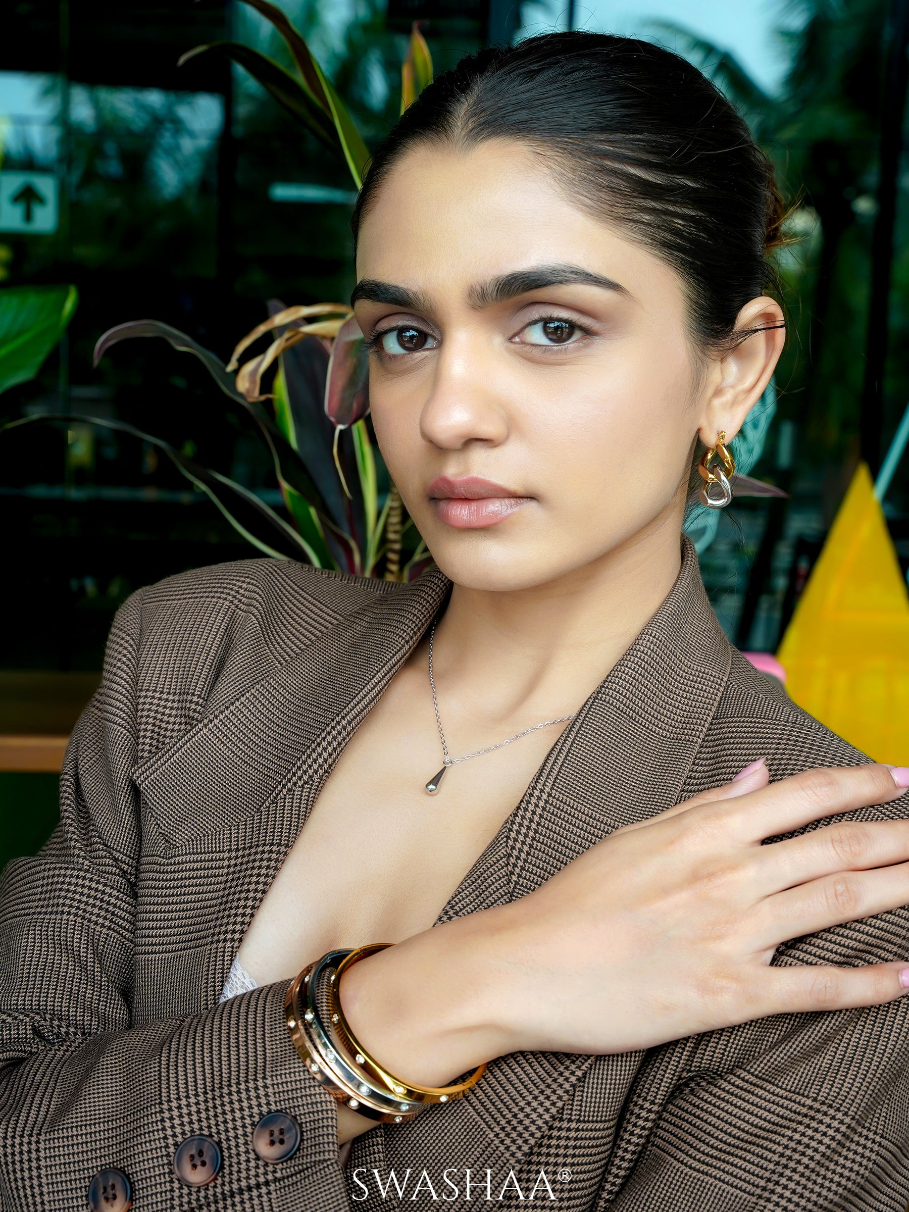 Seraphina Twisted Two Tone Links 18K Gold-Silver Hoop Earrings, Bree Band Diamond 18K Gold Plated-Rosegold Plated-Silver Bracelet, Tarana Teradrop Charm 18K Gold Plated Chain Pendant Necklace