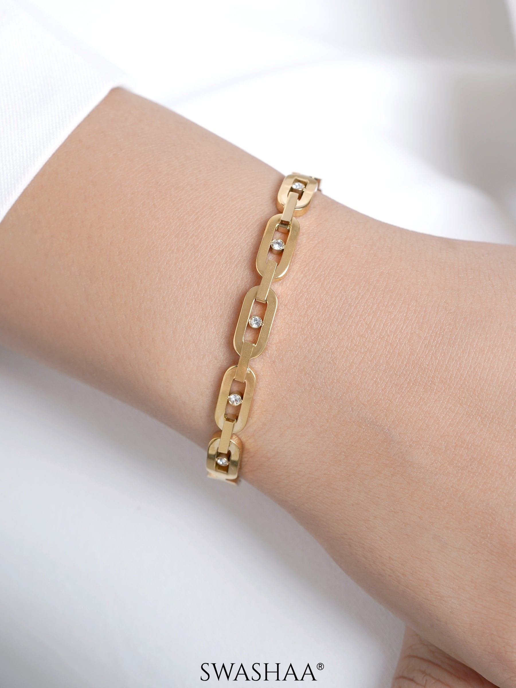 Seraphina Geometric Rectangular Diamond Link 18K Gold Plated Band Bracelet