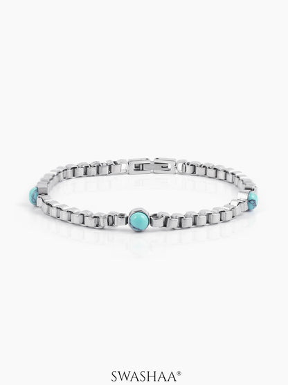 Serene Box Link Band Three Turquoise Enamel Silver Men's Bracelet