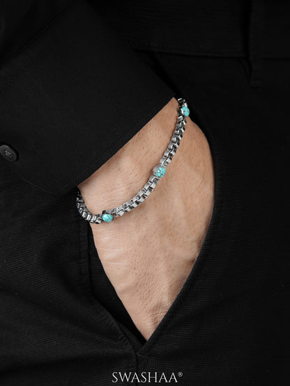 Serene Box Link Band Three Turquoise Enamel Silver Men's Bracelet