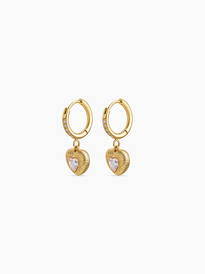 Serenity Diamond Solitaire Heart Drop Charm 18K Gold Plated Women's Hoop Earrings