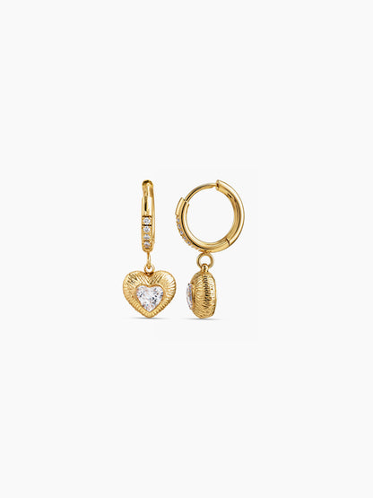 Serenity Diamond Solitaire Heart Drop Charm 18K Gold Plated Women's Hoop Earrings