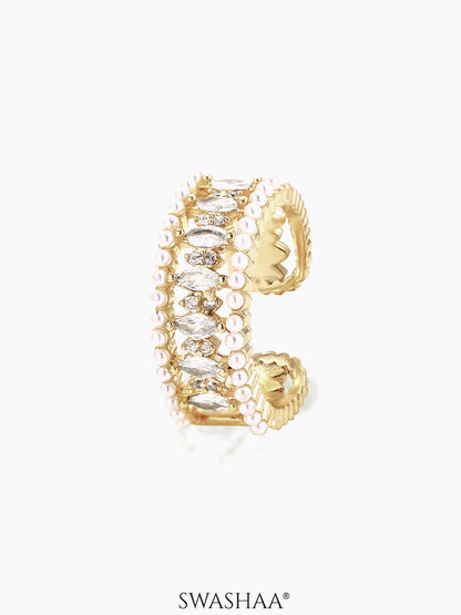 Serenity Marquise Diamonds Pearls 14K Gold Plated Ring