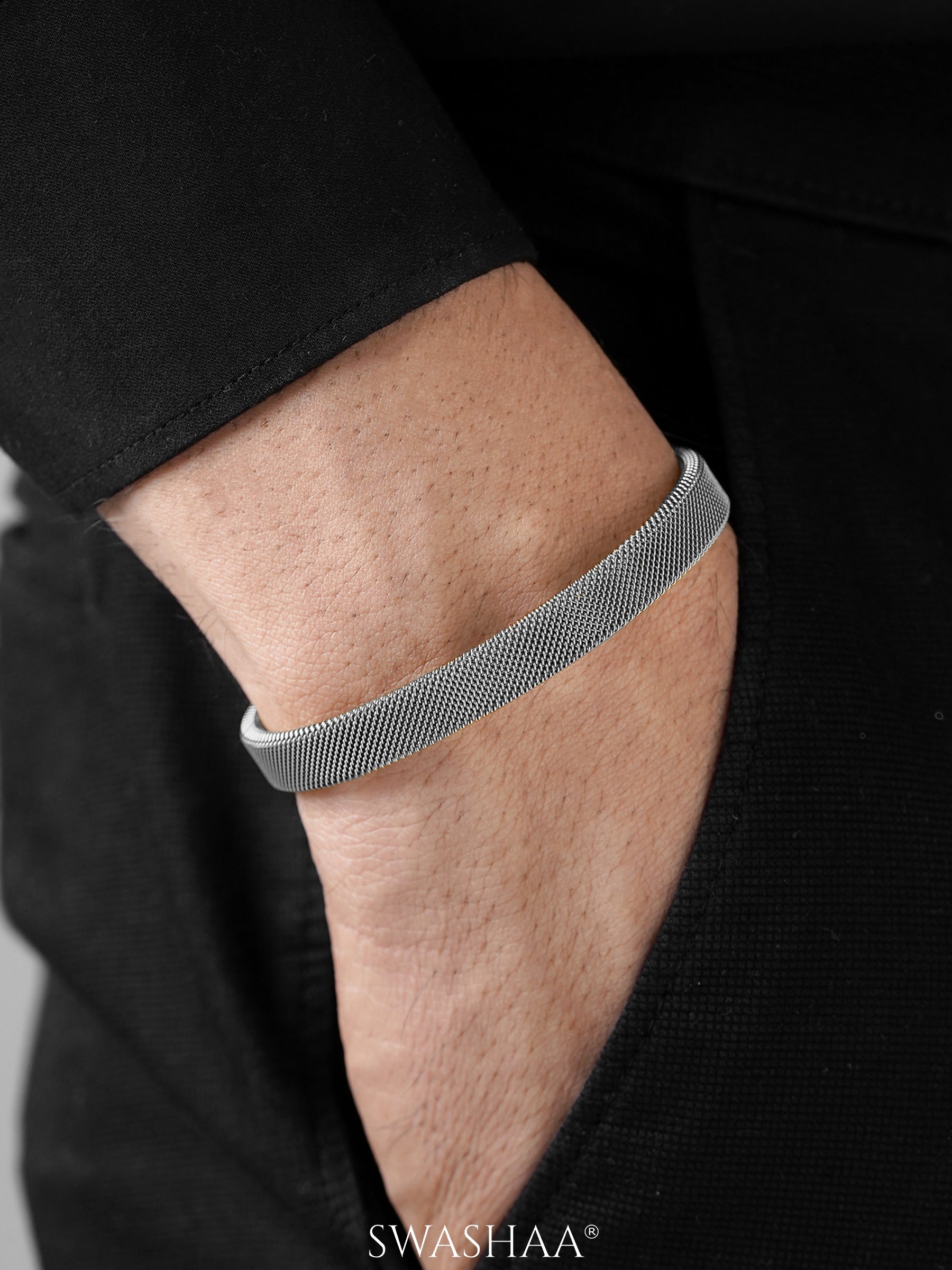 Mesh Fine Textured Silver Cuff Men's Bracelet