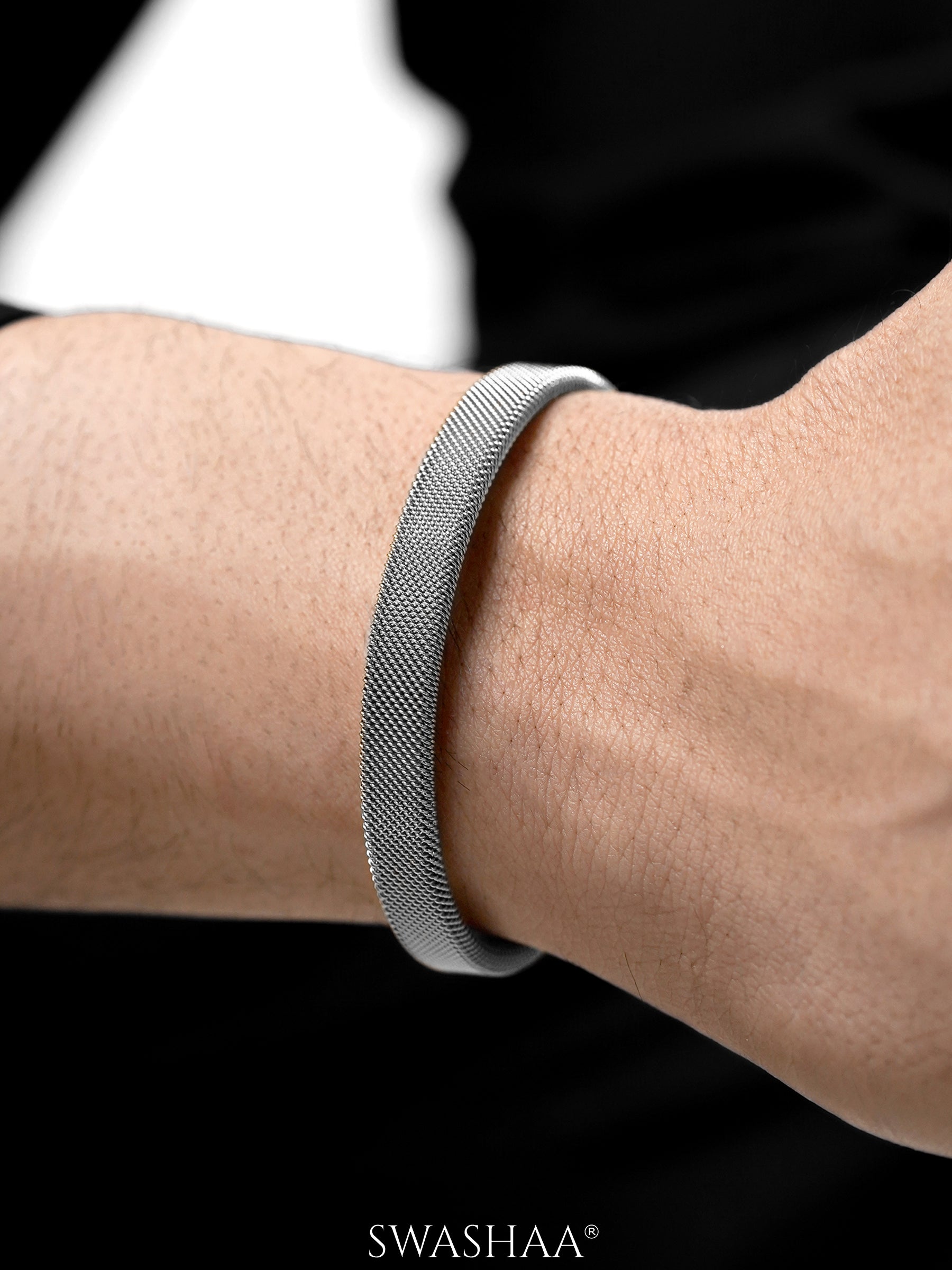 Mesh Fine Textured Silver Cuff Men's Bracelet