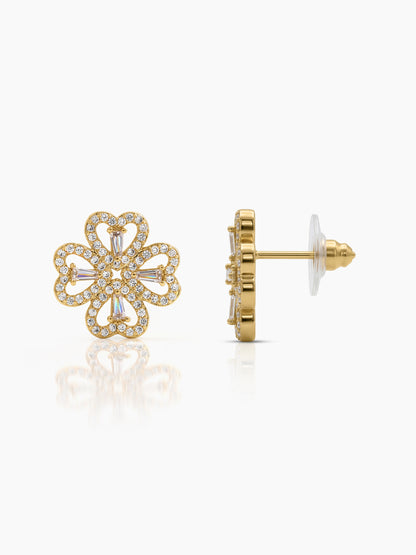 Shiny Clover Heart Motif Charm CZ Stones 18K Gold Plated Women's Stud Earrings