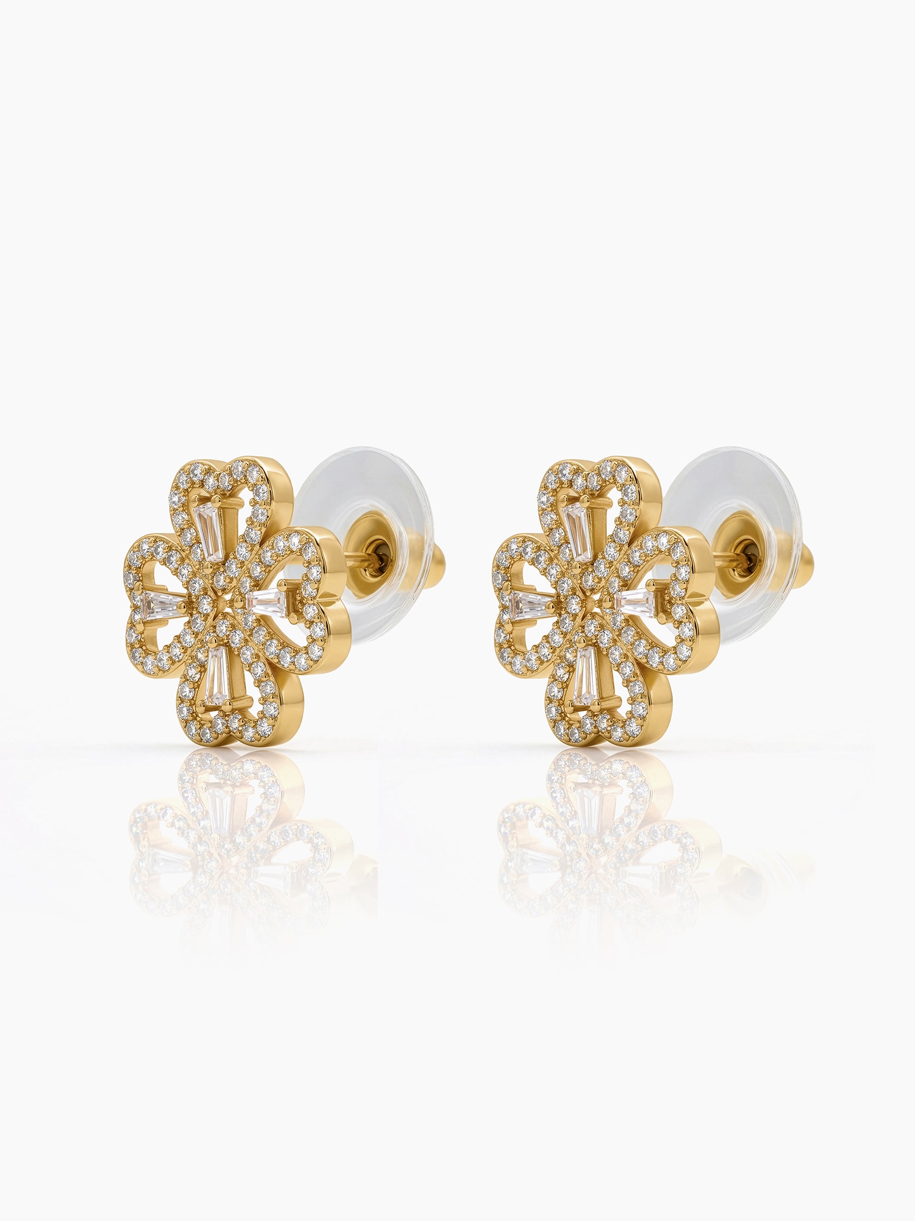 Shiny Clover Heart Motif Charm CZ Stones 18K Gold Plated Women's Stud Earrings