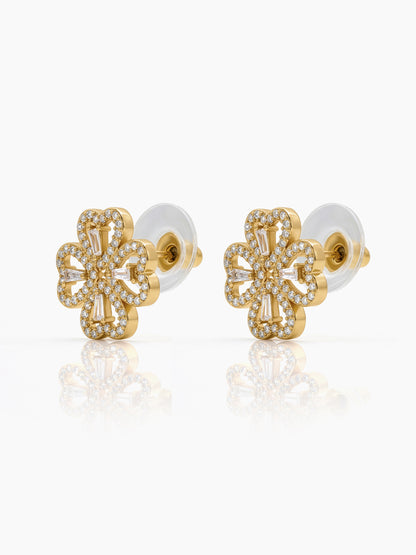Shiny Clover Heart Motif Charm CZ Stones 18K Gold Plated Women's Stud Earrings