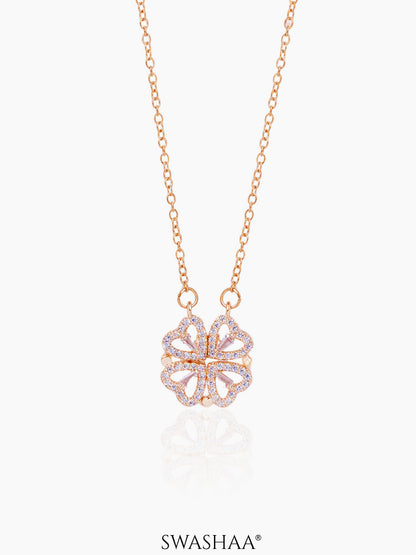 Shiny Leaf Flower Clover Charm Rosegold Plated Chain Pendant Necklace