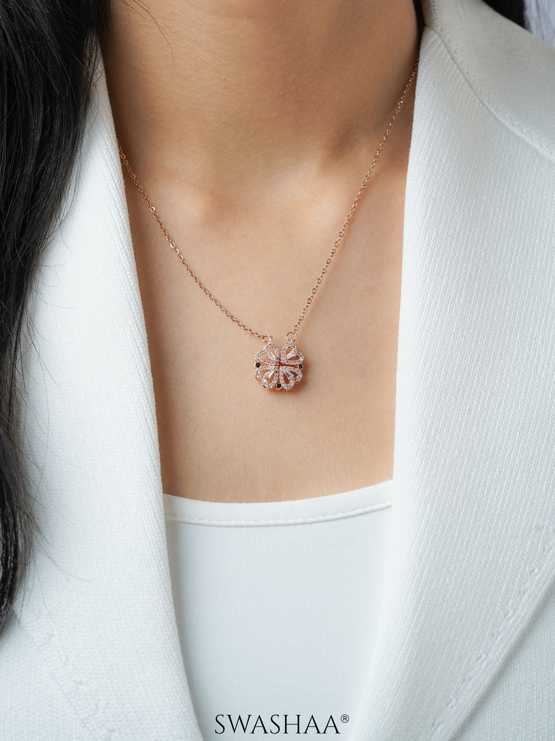Shiny Leaf Flower Clover Charm Rosegold Plated Chain Pendant Necklace