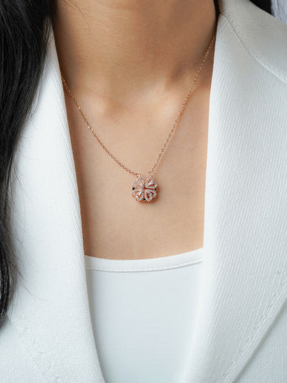 Shiny Leaf Flower Clover Charm Rosegold Plated Chain Pendant Necklace