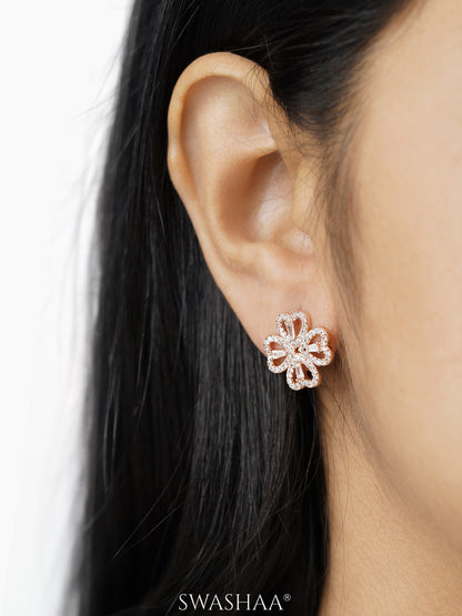 Shiny Clover Flower Heart Rosegold Plated Stud Earrings