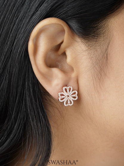 Shiny Clover Flower Heart Rosegold Plated Stud Earrings