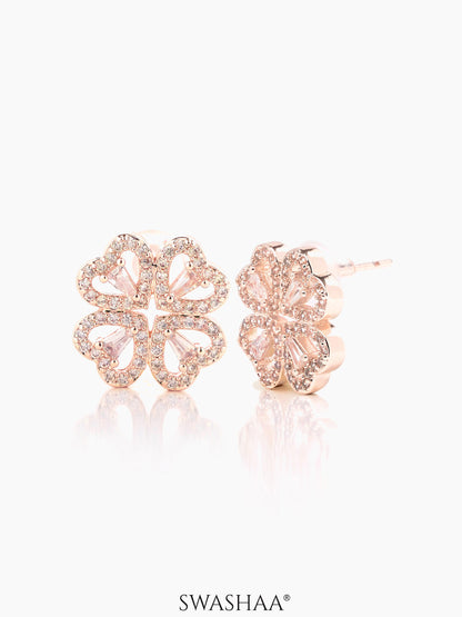 Shiny Clover Flower Heart Rosegold Plated Stud Earrings