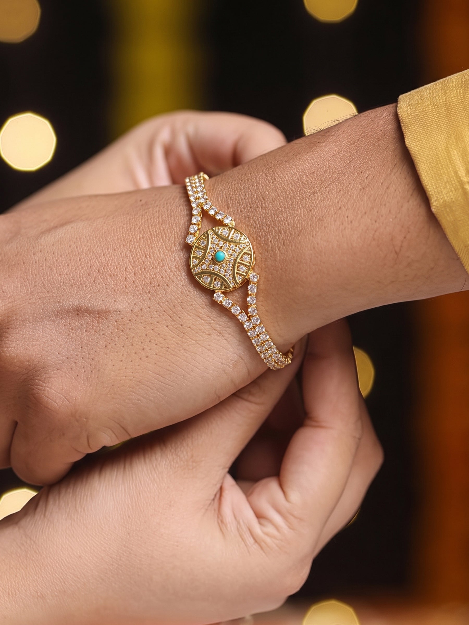 Shubh Textured 18K Gold Plated Diamond Tennis Rakhi