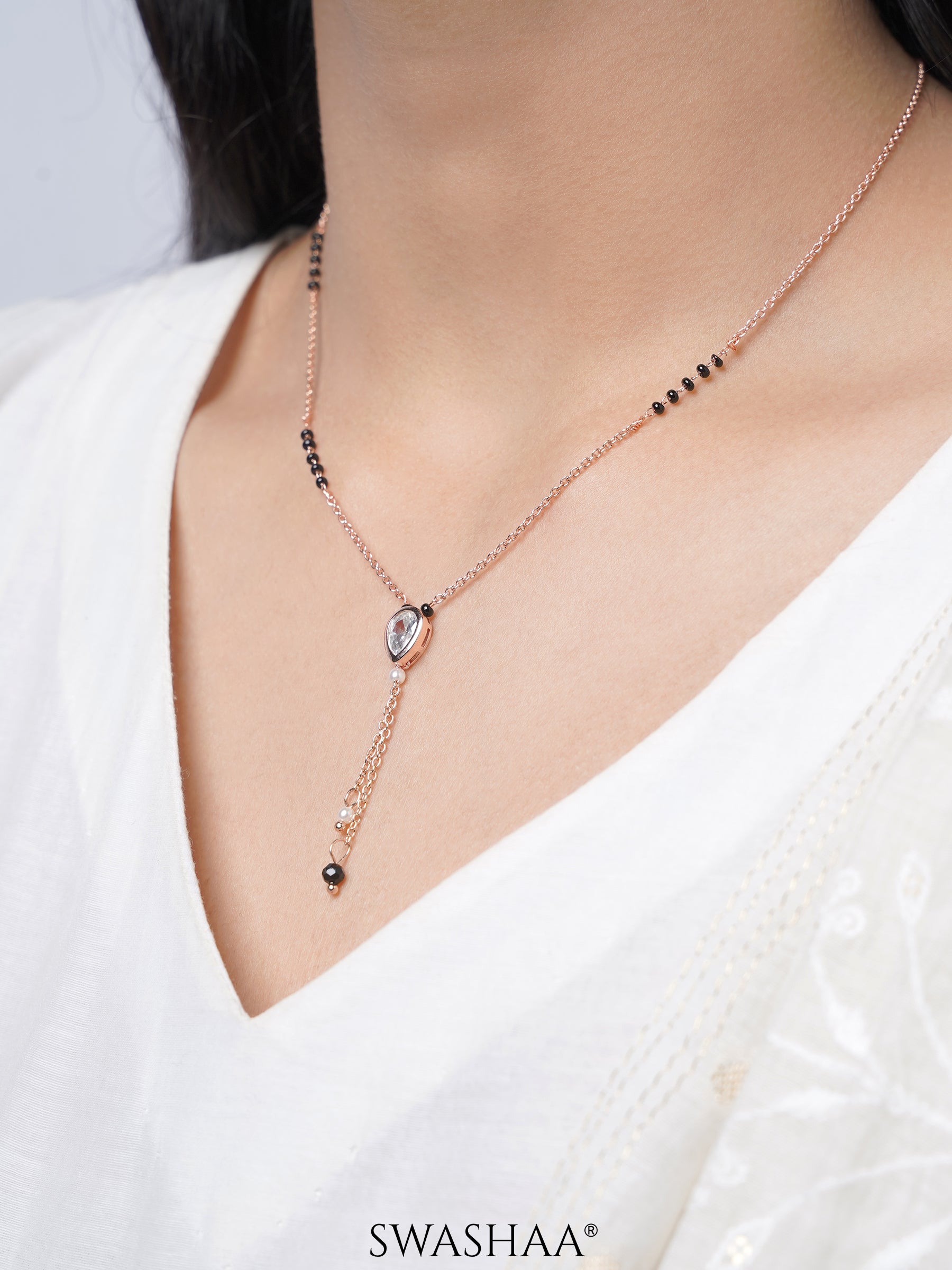 Shyla Teardrop Shaped Diamond Solitaire Y-Shaped Rosegold Plated Pendant Mangalsutra