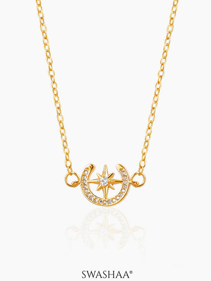 Simini Delicate Celestial Moon Star Charm 18K Gold Plated Necklace