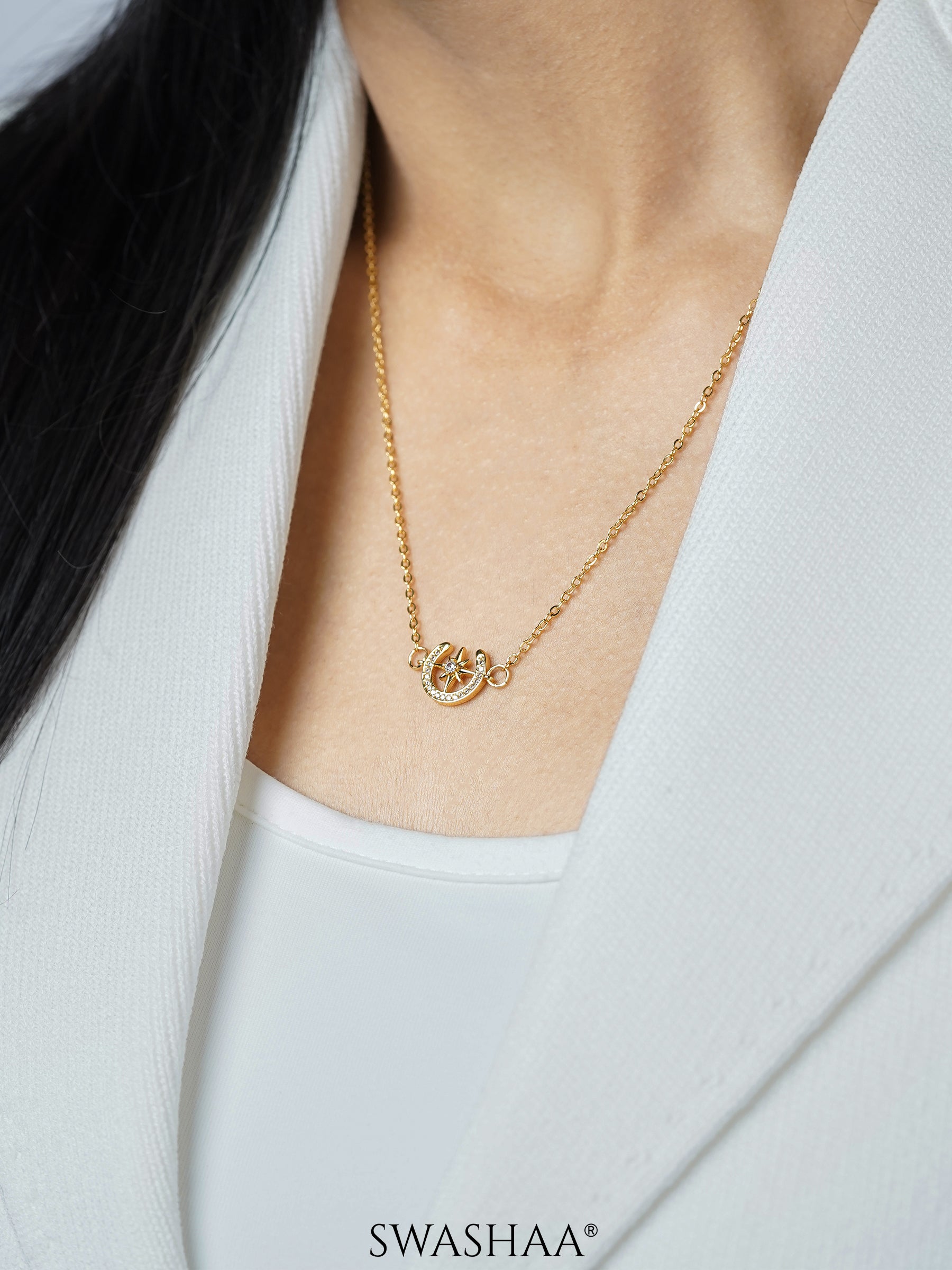 Simini Delicate Celestial Moon Star Charm 18K Gold Plated Necklace