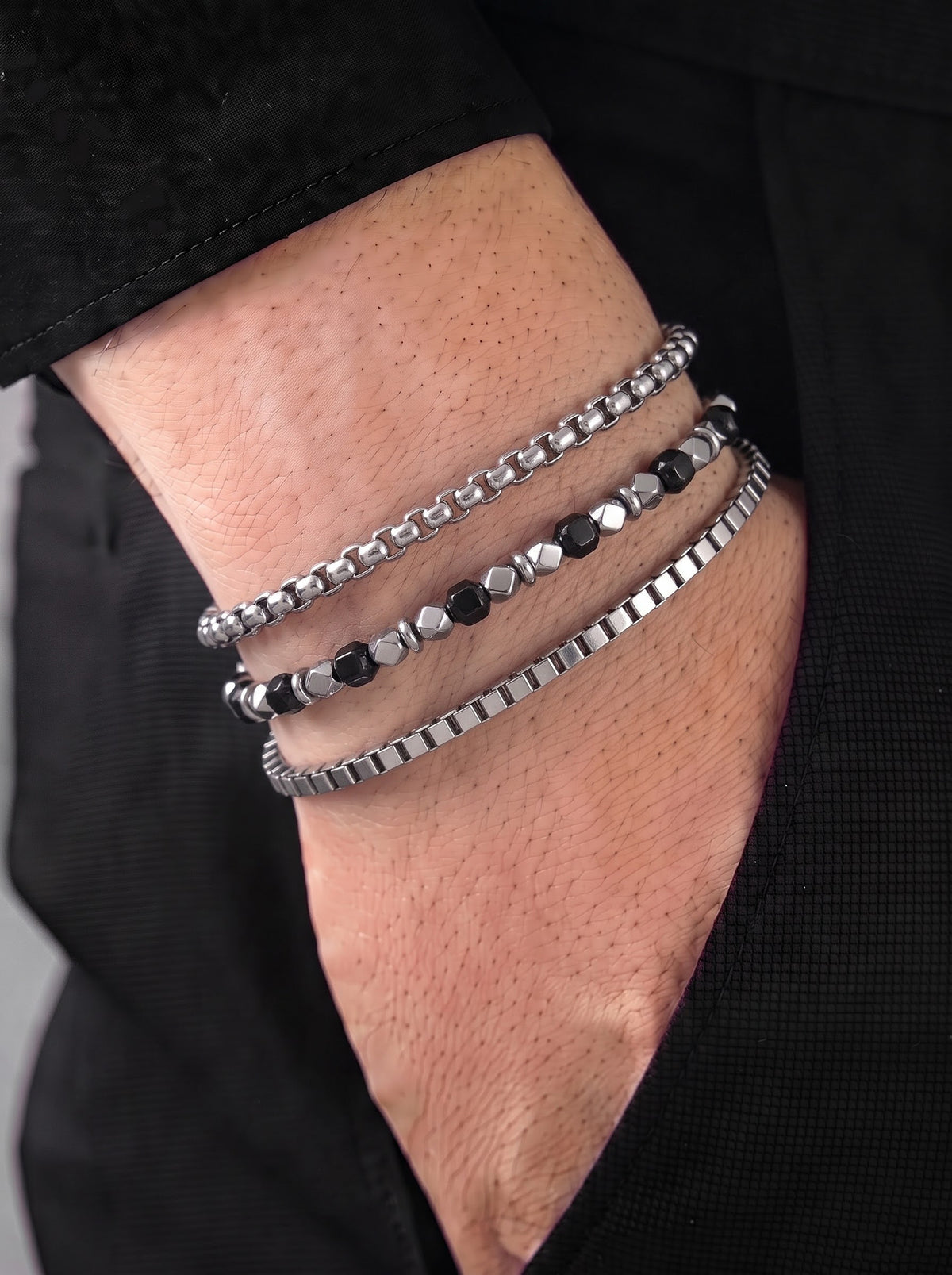 Simor Beaded Box Chain Round Box Beaded Black - Silver Men's Loose Chain Bracelet Set