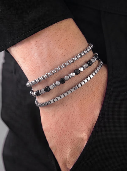 Simor Beaded Box Chain Round Box Beaded Black - Silver Men's Loose Chain Bracelet Set