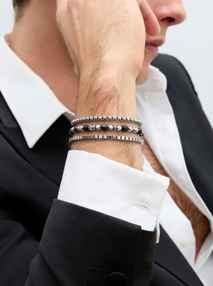 Simor Beaded Box Chain Round Box Beaded Black - Silver Men's Loose Chain Bracelet Set