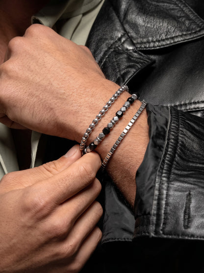 Simor Beaded Box Chain Round Box Beaded Black - Silver Men's Loose Chain Bracelet Set