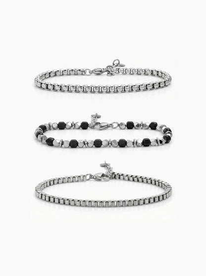 Simor Beaded Box Chain Round Box Beaded Black - Silver Men's Loose Chain Bracelet Set