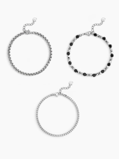 Simor Beaded Box Chain Round Box Beaded Black - Silver Men's Loose Chain Bracelet Set