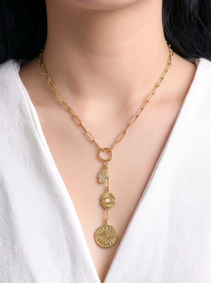 Skolli Diamond Hamsa Evil-Eye Pearl Charms 18K Gold Plated Women's Chain Pendant Y-Shaped Necklace