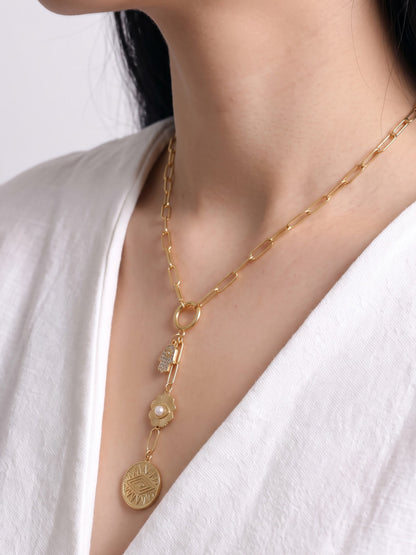 Skolli Diamond Hamsa Evil-Eye Pearl Charms 18K Gold Plated Women's Chain Pendant Y-Shaped Necklace
