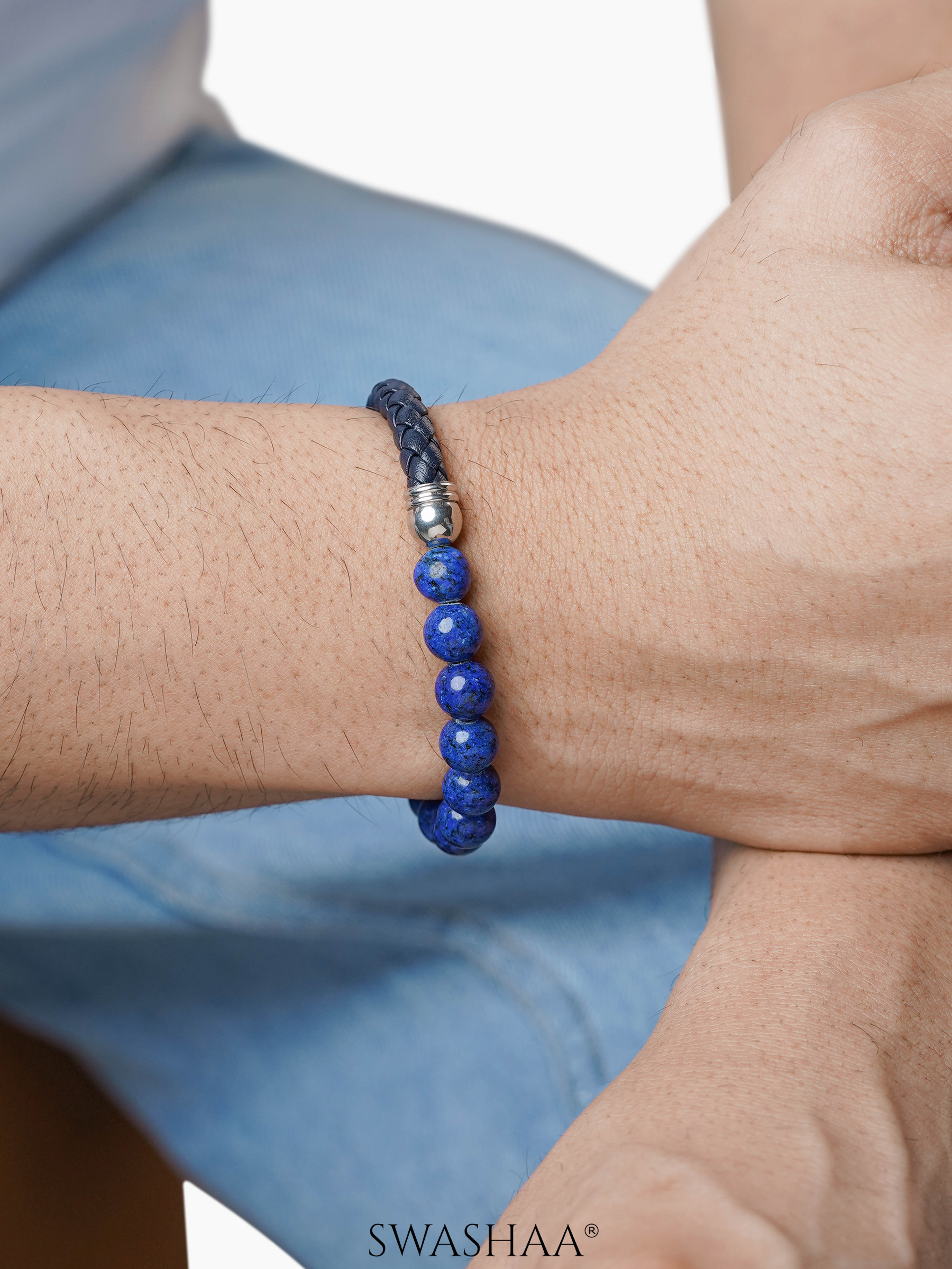 Slater Blue Beaded Men's Leather Bracelet