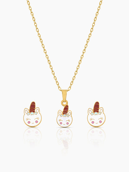 Smiley Unicorn Charm Kid's Jewelry Set Of 2 - Necklace & Stud Earrings