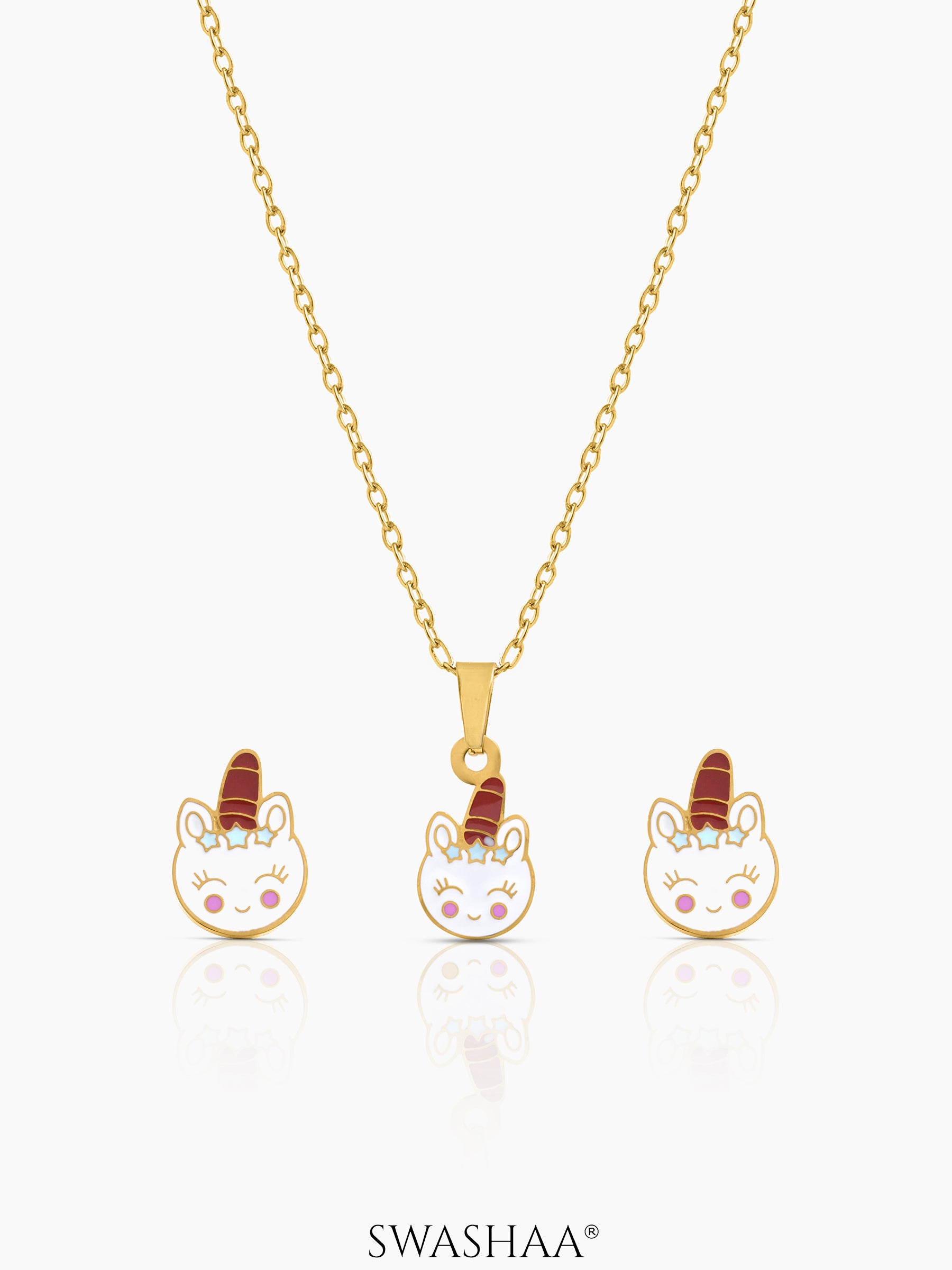 Smiley Unicorn Kid's Jewelry Set Of 2 - Necklace & Earrings