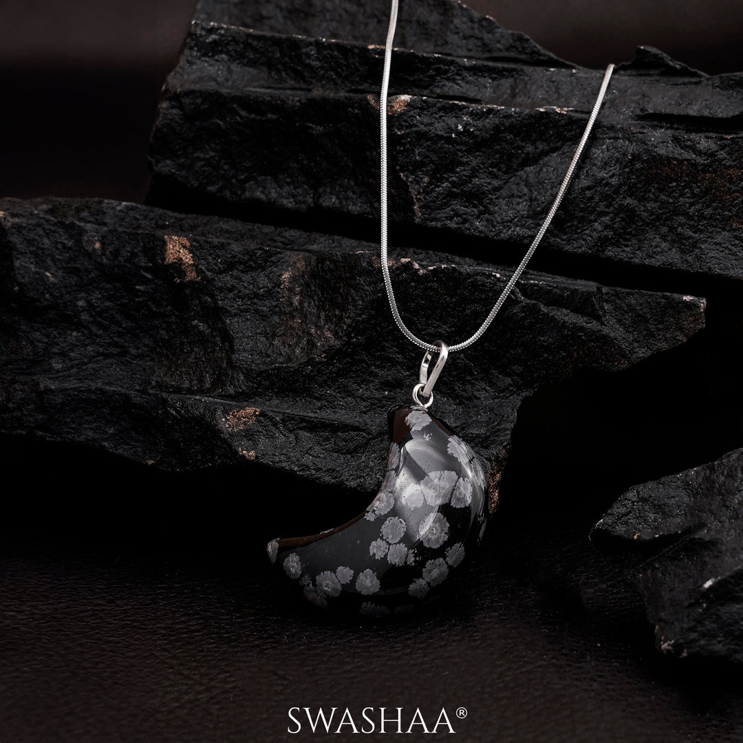 Snowflake Obsidian Crescent Men's Chain Pendant | Natural Stone