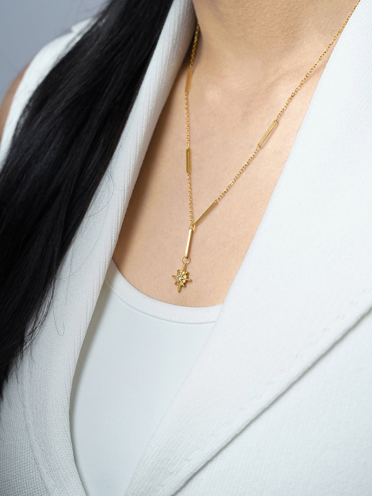 Solar Starbrust Charm 18K Gold Plated Y-shaped Chain Pendant Necklace