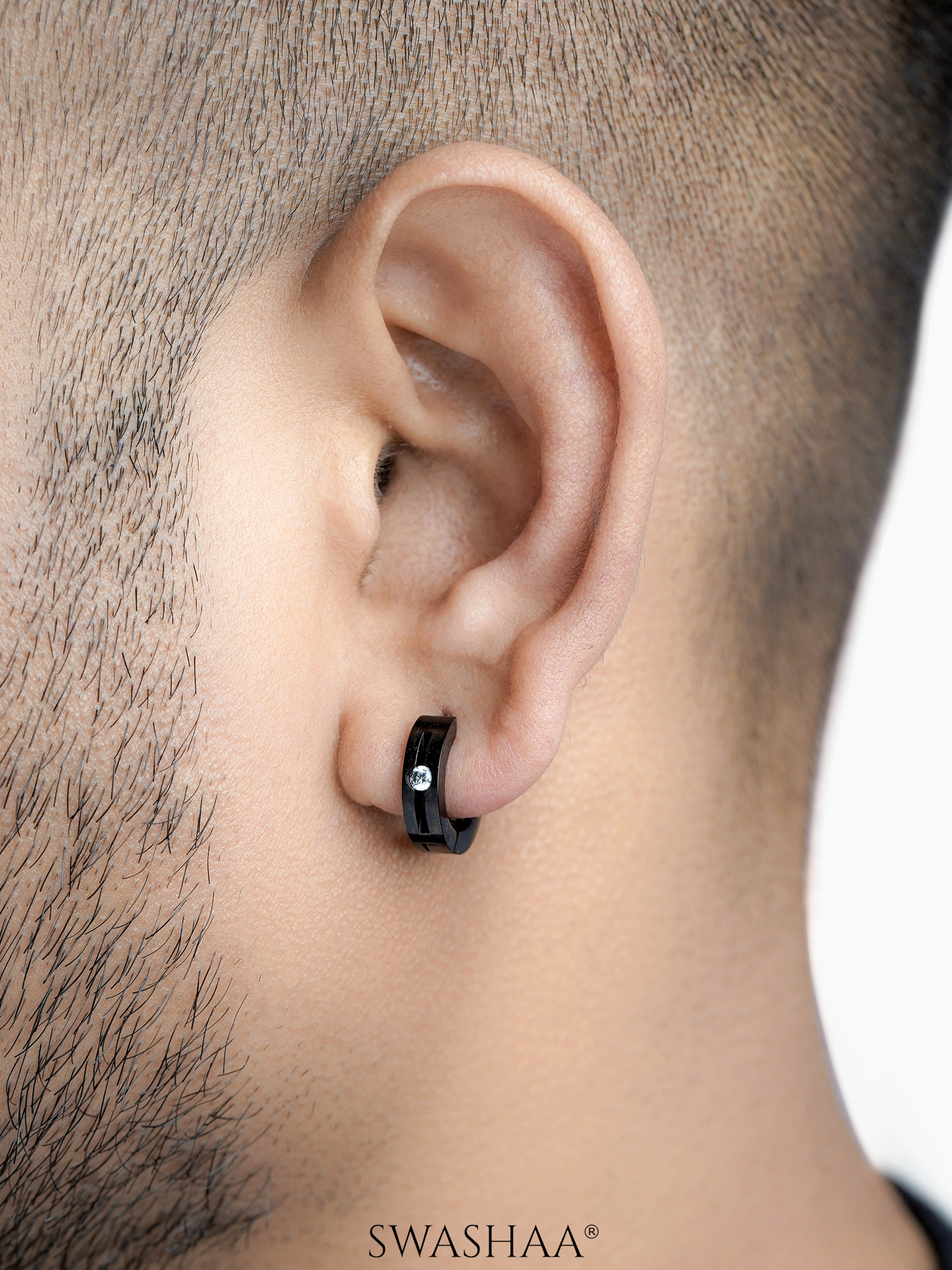 Solaris CZ Studed Diamond Black Men's Hoop Earrings