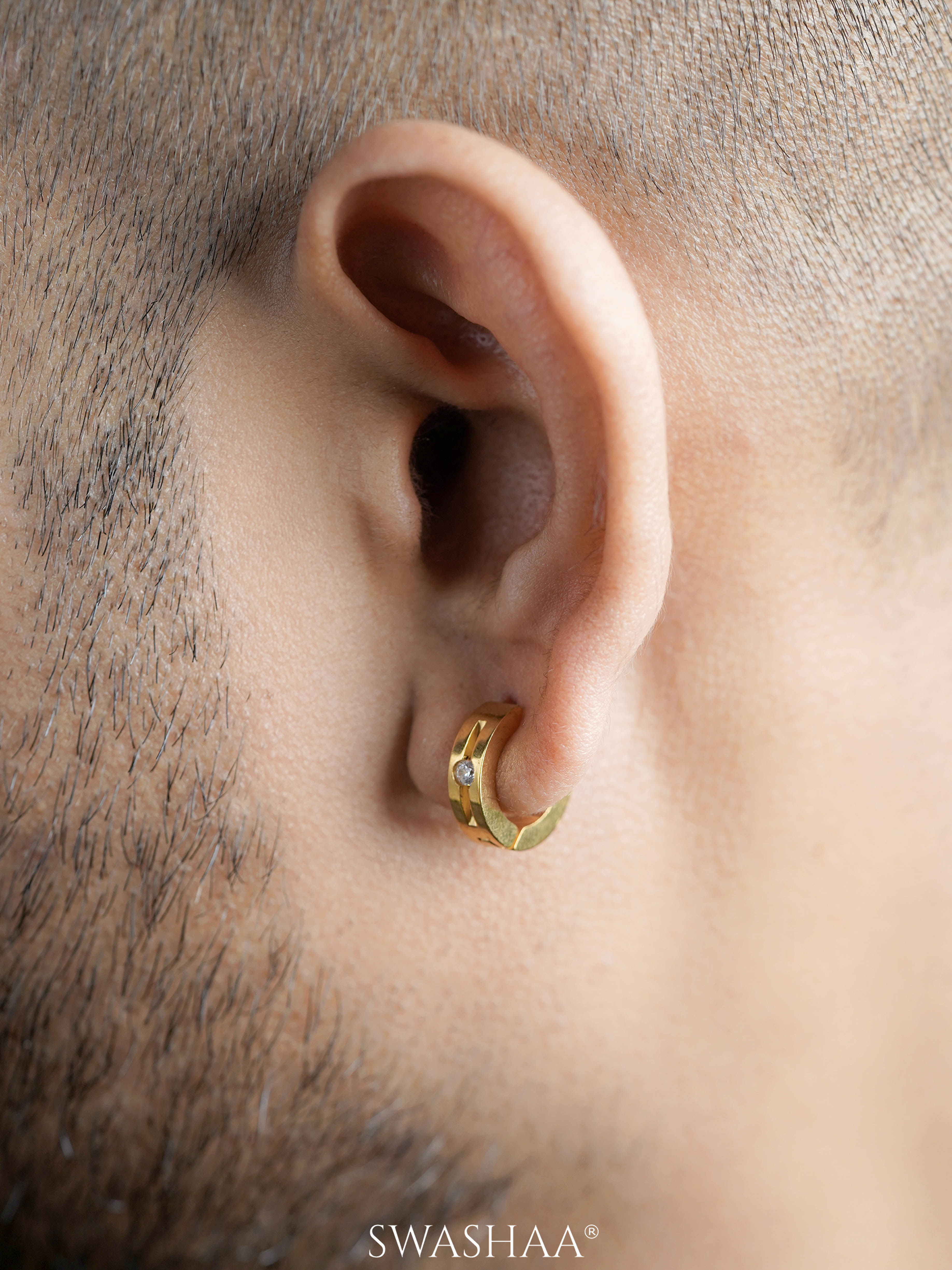 Solaris CZ Studed Diamond 18K Gold Plated Men's Hoop Earrings