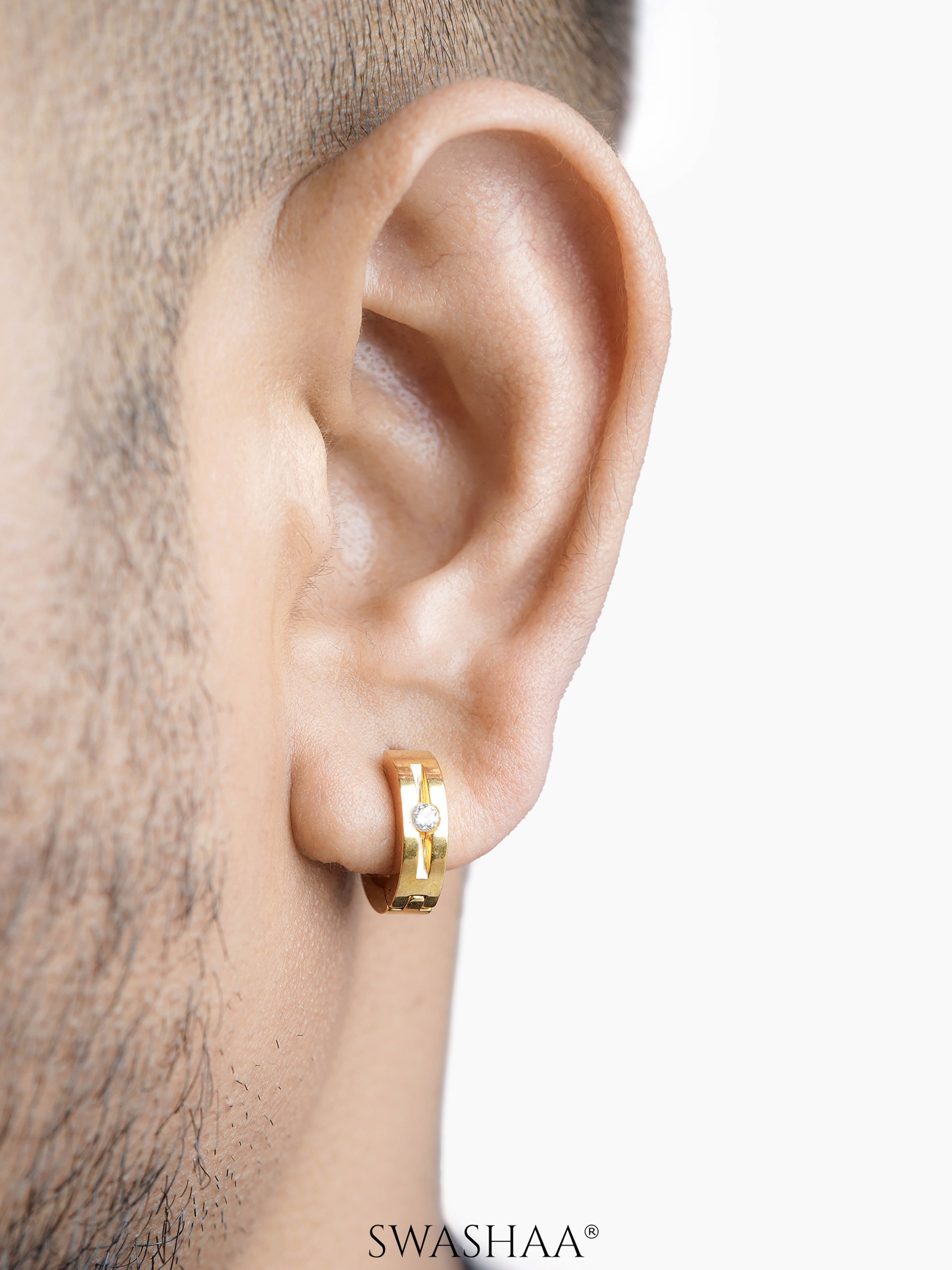 Solaris CZ Studed Diamond 18K Gold Plated Men's Hoop Earrings